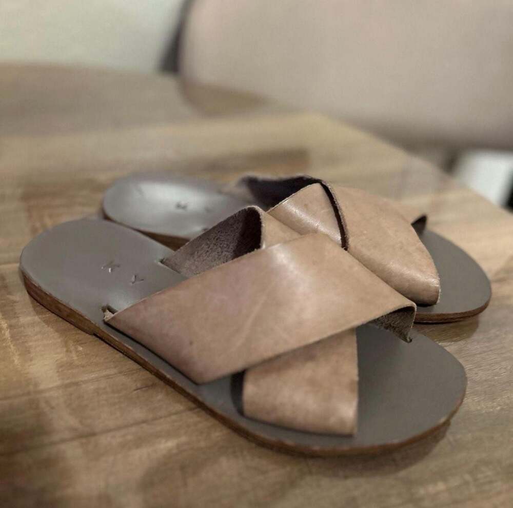 KYMA Ikaria Leather Crisscross Slide Sandals in Taupe